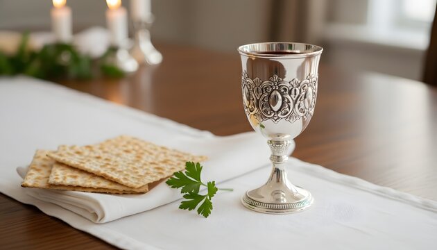 Elijah's cup on table with matzah crackers and parsley for a Happy Passover celebration concept, featuring symbolic Jewish holiday elements in warm lighting
