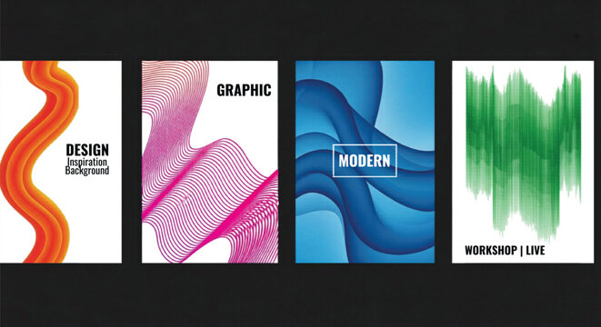 Modern abstract poster set with fluid wave lines, colorful graphic design covers, 4 creative vector templates for workshop and live events