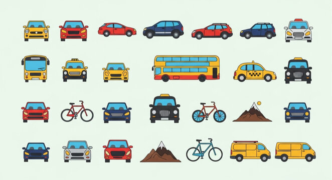 Collection of various vehicles and modes of transportation.