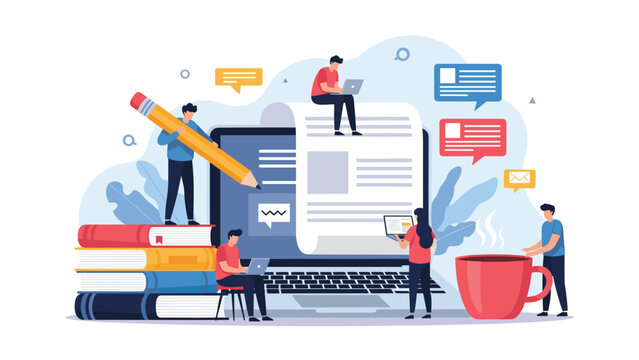 Collaborative team of people working together to create content on a laptop with giant pencil and books around them for inspiration.