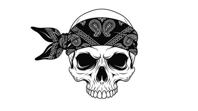 Detailed black and white graphic illustration of a human skull wearing a classic paisley patterned bandana tied around its forehead.