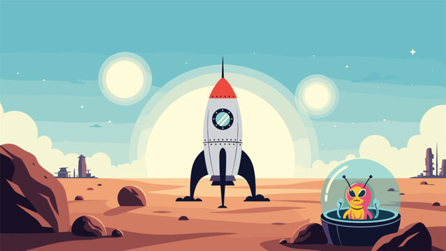 Friendly alien in a small flying saucer parked next to a sleek landing rocket ship on a distant red desert planet in outer space.