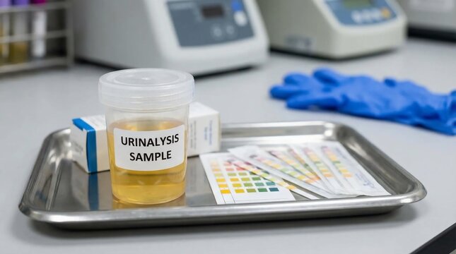 Medical Urinalysis Sample Kit with Test Strips on a Tray.