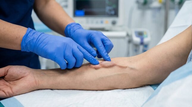 Nurse performing venipuncture on patients arm for blood draw.