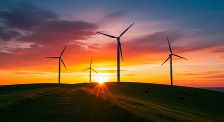 Obraz premium Wind turbines standing tall on a hill during a vibrant sunset with a colorful sky