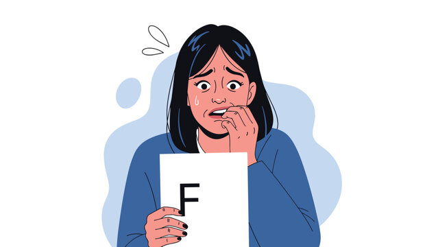 Stressed woman clutching a paper with a prominent "F" grade, symbolizing academic failure, disappointment, or poor performance.