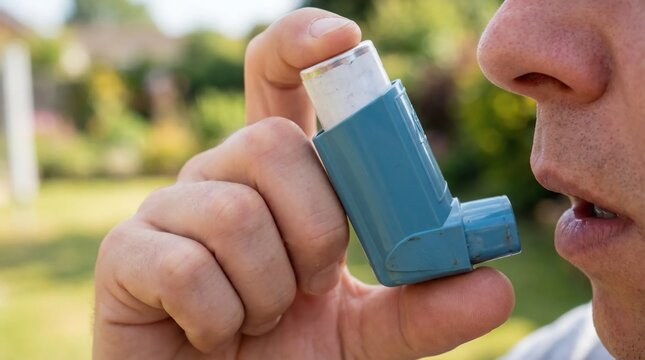 Person using an asthma inhaler for respiratory relief outdoors.