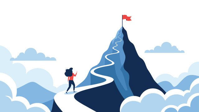 Determined woman hiking up a winding path on a mountain towards a flag at the peak, symbolizing ambition, challenge, and success.