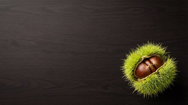 Fresh chestnut in green spiky burr on dark rustic wooden background