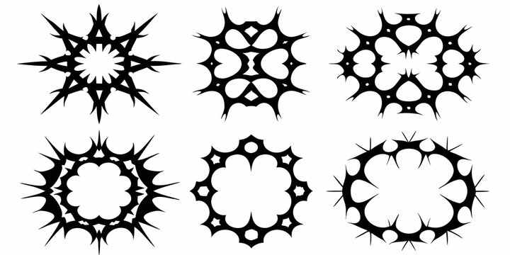 Six black tribal starburst shapes arranged in a grid pattern