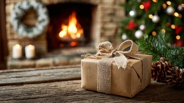 A wrapped gift box with a burlap bow sits on a wooden table in front of a Christmas tree and a cozy fireplace with a lit fire.