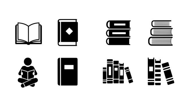 Books and literature icons set with open book, notebook, magazines, and library stacks for education and reading