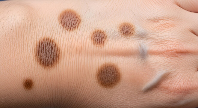 Anatomy of human skin revealing various pigmented nevi and a healed linear mark, presenting a subject for dermatological study and skin health awareness