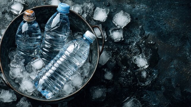 Water bottles sat in a metal pail filled with ice on a dark surface.
