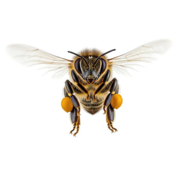 Honeybee in Flight Carrying Pollen on Hind Legs Isolated on White Background
