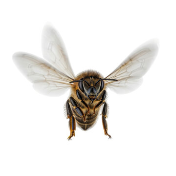 Macro view of a honey bee in flight isolated on a white background, front view of Apis mellifera with wings spread