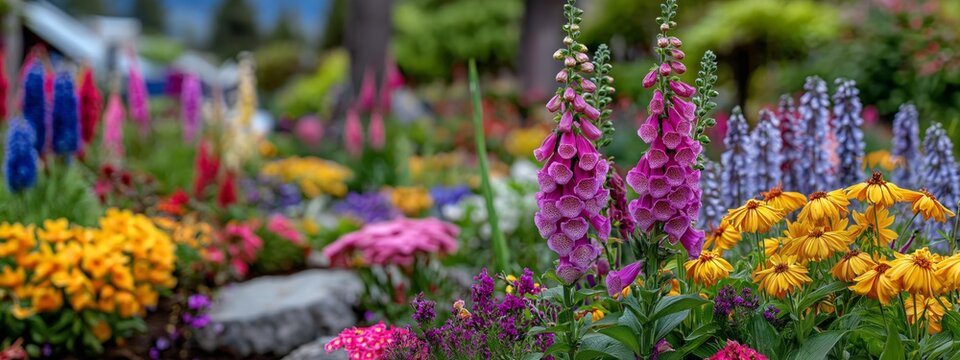 Vibrant foxglove blooms rise amid colorful garden flora