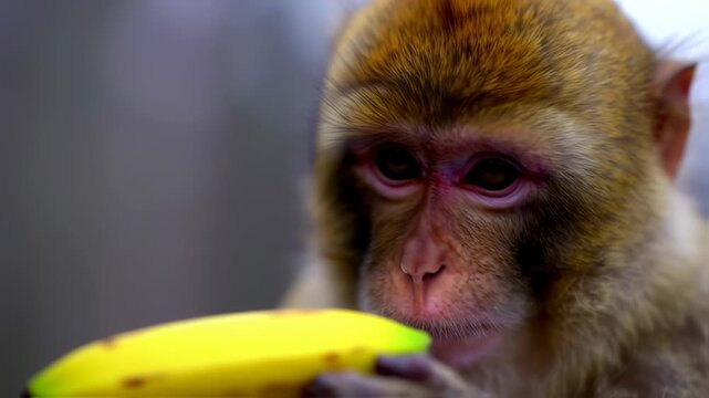 Close-up of a monkey looking at a banana