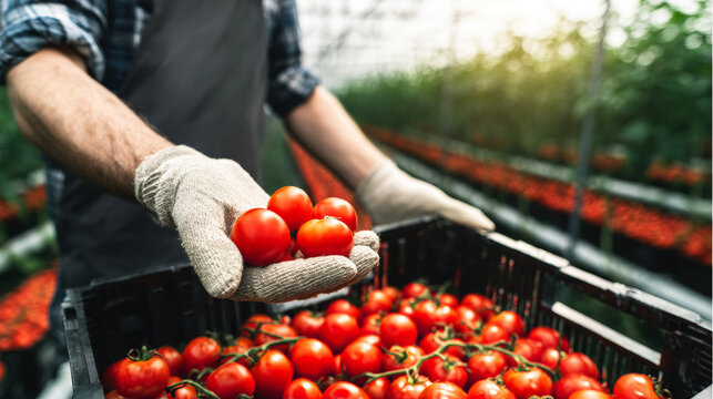 Worker selecting fresh red tomatoes from a bountiful harvest crate inside a commercial greenhouse, showcasing sustainable farming
