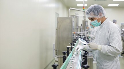Naklejka premium Scientist in sterile clothing inspecting vials on a conveyor belt with a magnifying glass