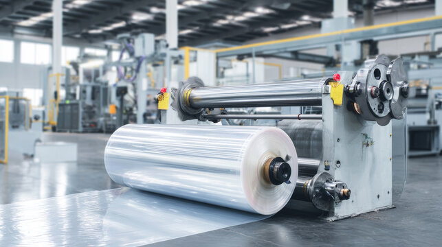 Machine unrolling transparent plastic film in a modern manufacturing facility, creating new products and packaging