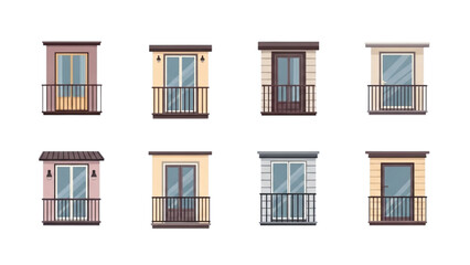 Fototapeta premium Collection of diverse modern architectural balconies with railings