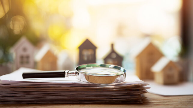Magnifying glass resting on a stack of papers with miniature house models in the background, signifying property research