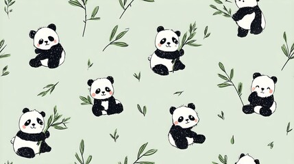 Naklejka premium Cute cartoon panda with bamboo seamless repeat pattern, soft pastel nursery decorative design on white background for textile and surface print