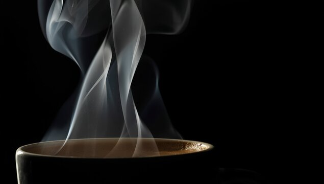 Figura art&iacute;stica abstracta azul y negra con llama de cerilla y cigarrillo, humo en remolino, curvas y olas sobre fondo liso