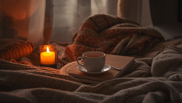 Cozy early morning espresso and tea in bed with warm aroma in a home interior close-up of a cup on a quiet breakfast table