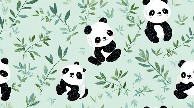 Cute cartoon panda with bamboo seamless repeat pattern, soft pastel nursery decorative design on white background for textile and surface print