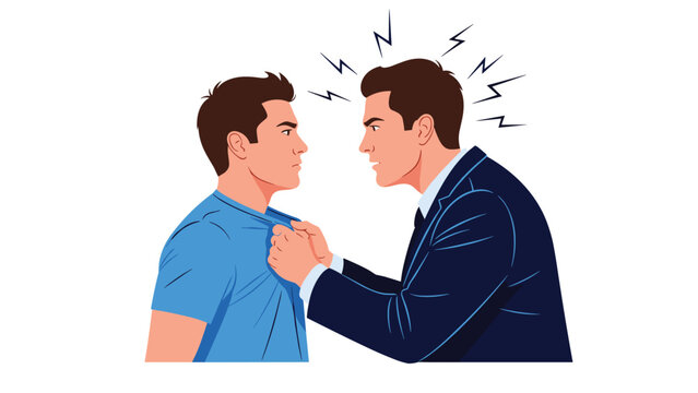Two angry men arguing fiercely face-to-face, with one grabbing the other's shirt and lightning bolts indicating intense anger and conflict.