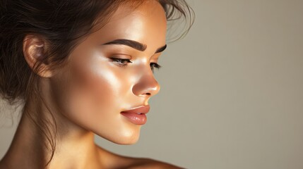 Fototapeta premium Radiant Beauty: A close-up shot of a woman with radiant, healthy skin, subtly lit, highlighting her features. 