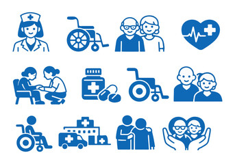 Fototapeta premium Modern Healthcare & Medical Services Icon Pack – Flat Blue Vector Set for Hospitals, Clinics & Digital Health