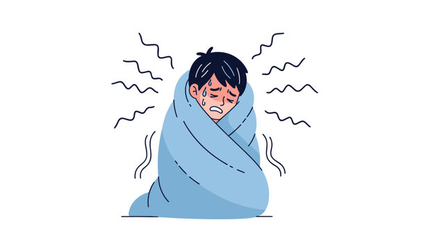 Young man wrapped tightly in a blue blanket, shivering and sweating, indicating he is suffering from a fever, cold, or illness.
