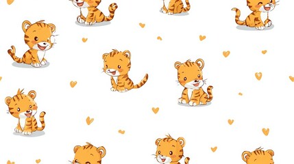 Obraz premium Cute cartoon lion cub seamless repeat pattern, soft pastel nursery decorative design with clean edges on white background for textile and surface print