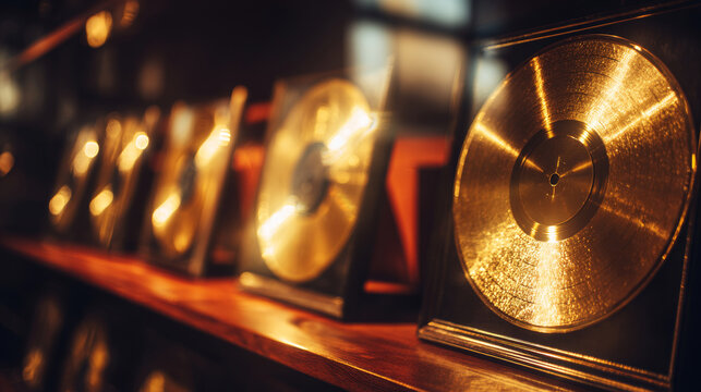 Gold record awards shining on a wooden shelf, symbolizing music industry success and platinum achievement
