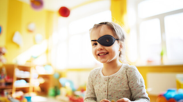 Little girl smiling, wearing eye patch in bright preschool classroom, playing with toys and having fun