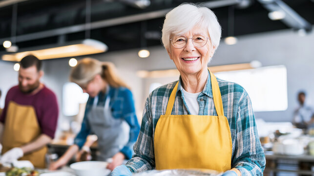 Smiling senior woman volunteering in a busy community kitchen, serving food with joy and helping others
