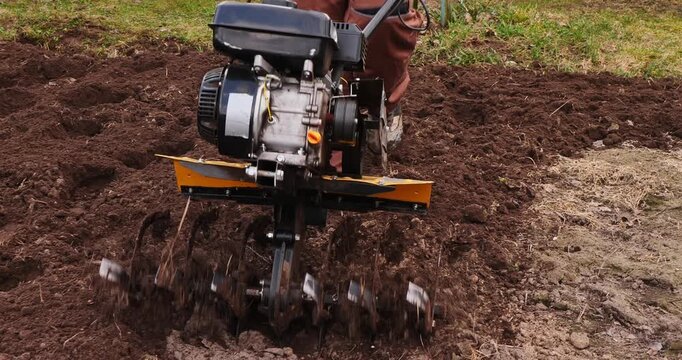 Close-up view of a tiller machine with a powerful engine digging, spinning, and mixing the soil while a farmer prepares the land for planting seeds in the spring season.