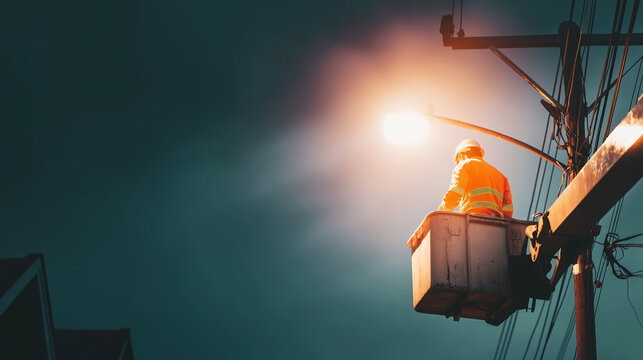 Utility worker performing streetlight maintenance from elevated bucket lift during dusk, illuminating residential area