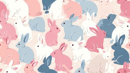 Fototapeta premium Flat bunny seamless repeat pattern, cute nursery style decorative design with soft pastel colors on white background for textile and surface print
