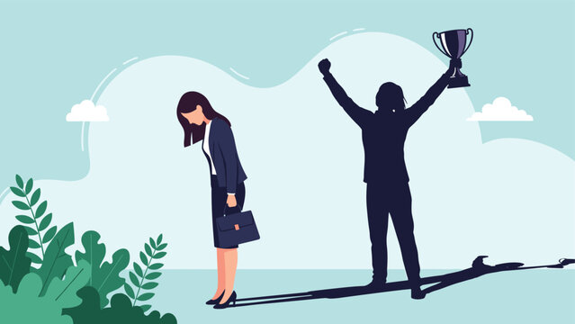 Sad woman looks down at her shadow, which is a victorious figure holding a trophy, illustrating self-doubt, imposter syndrome, and untapped potential.