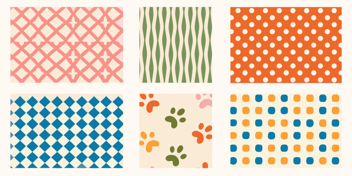 Six colorful patterned squares arranged in a two by three grid