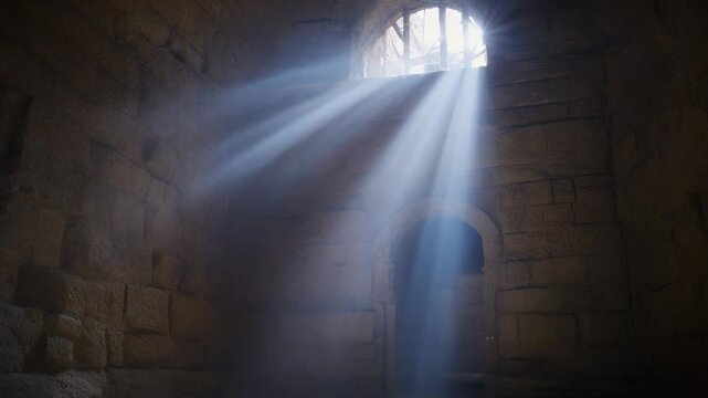 A beam of light shines through a small window in an ancient stone building with a door.