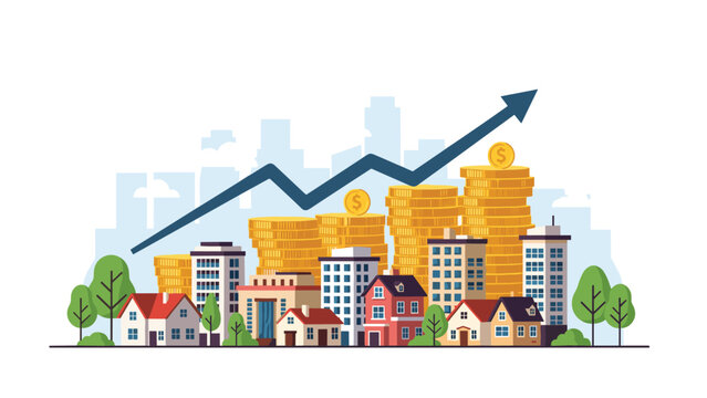 Cityscape features houses and apartment buildings with a rising financial graph and stacks of coins, symbolizing real estate market growth, urban development, and property investment.