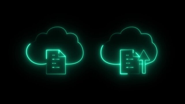 neon cloud documents concept with glowing blue document arranged in a sequence on a dark background, representing online data storage and accessibility for businesses.4k video