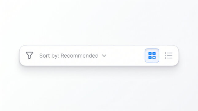 UI navigation bar element, filter icon, sort by recommended dropdown menu, grid and list view toggle buttons, neumorphic minimalist web interface component, clean modern app dashboard toolbar set.