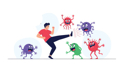 Fototapeta premium Determined man kicking away attacking cartoon viruses and bacteria, symbolizing strong immunity and effective health protection against disease.