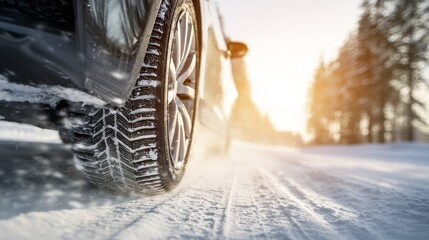 winter car tire driving on snowy road at sunset light